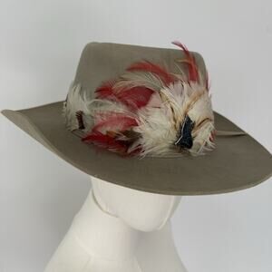 Vintage Harold's Western Cowboy Cheyenne Hat w Hand Made Feather Band Tan 7 1/2